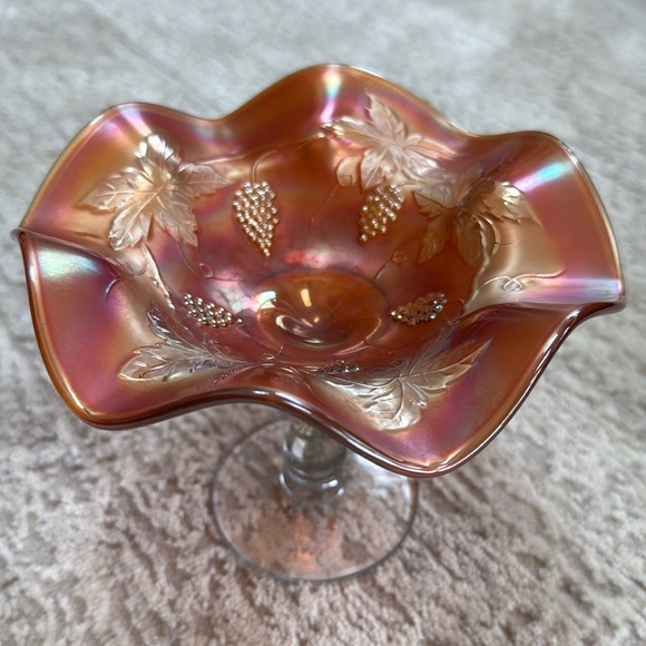 Fenton Other - Vintage Fenton Glass Grape Cable Marigold Carnival Glass Compote Ruffled Bowl